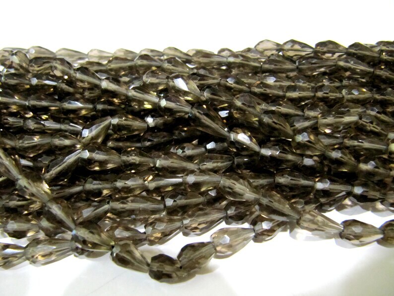 Natural Smoky Quartz Straight Drilled Tear Drop Briolette Faceted Beads Size 6x10mm
