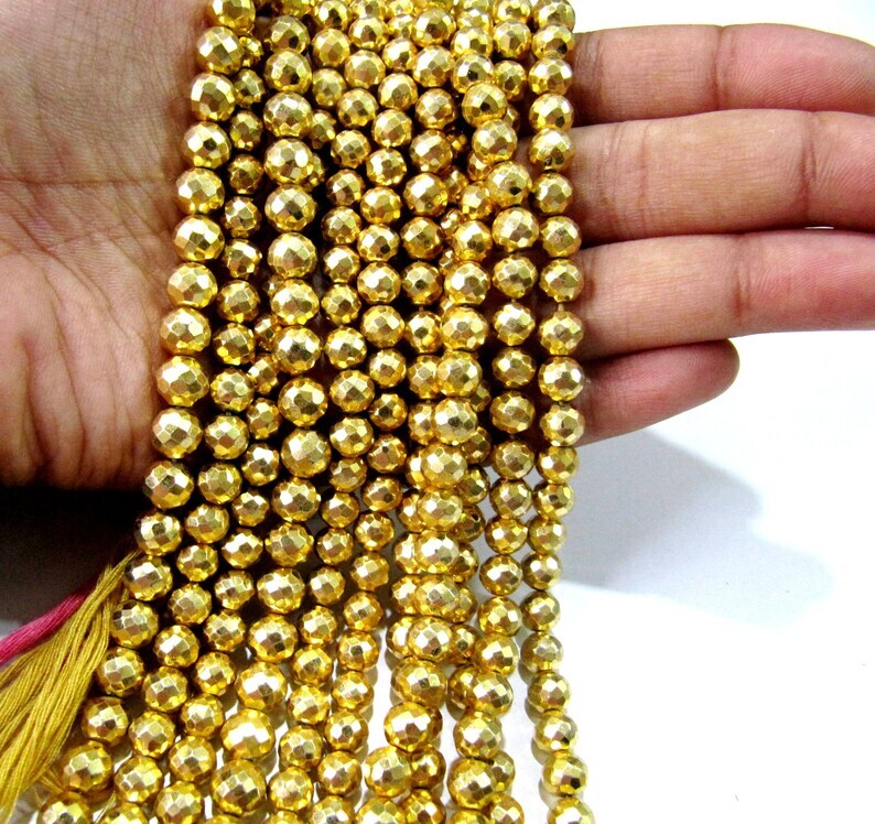 Natural Golden Pyrite Round Faceted Beads 6mm