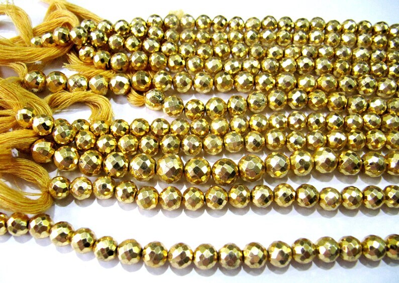 Natural Golden Pyrite Round Faceted Beads 6mm