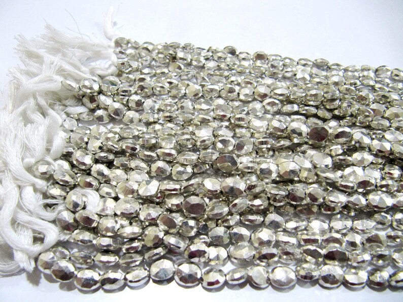 Natural Silver Pyrite Beads Oval Faceted Silver Coated Pyrite Beads 5x7mm to 6x8mm