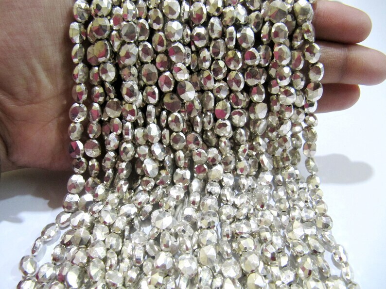 Natural Silver Pyrite Beads Oval Faceted Silver Coated Pyrite Beads 5x7mm to 6x8mm