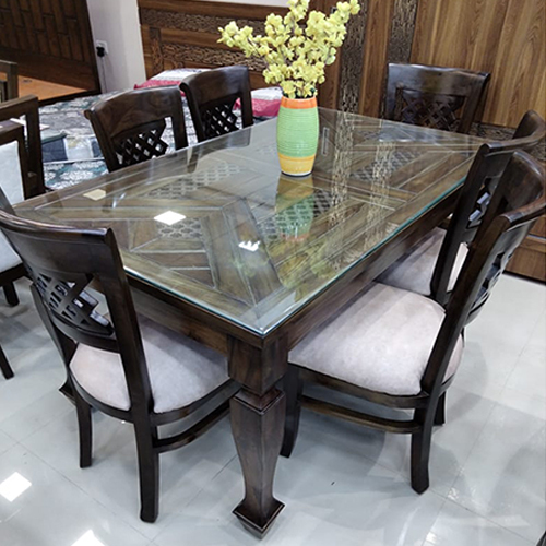 Glass Top 6 Seater Teak Wood Dining Table Set