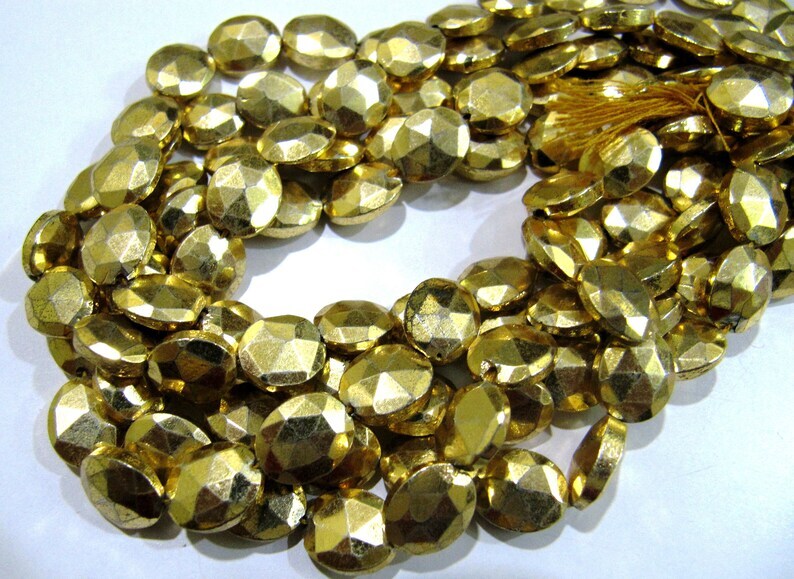 Natural Golden Pyrite Beads Oval Faceted Golden Coated Pyrite Beads 8x10mm