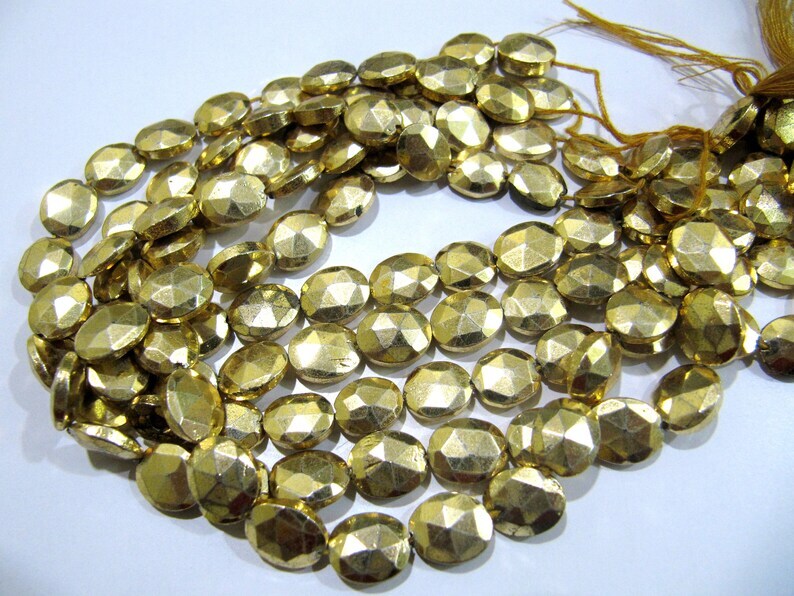 Natural Golden Pyrite Beads Oval Faceted Golden Coated Pyrite Beads 8x10mm