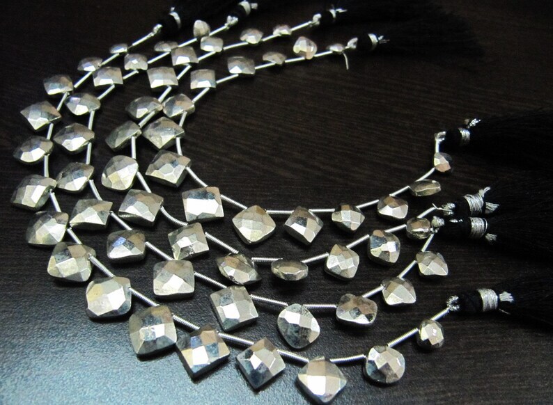 Natural Silver Pyrite Cushion Shape Briolette Faceted Beads 6 To 9mm