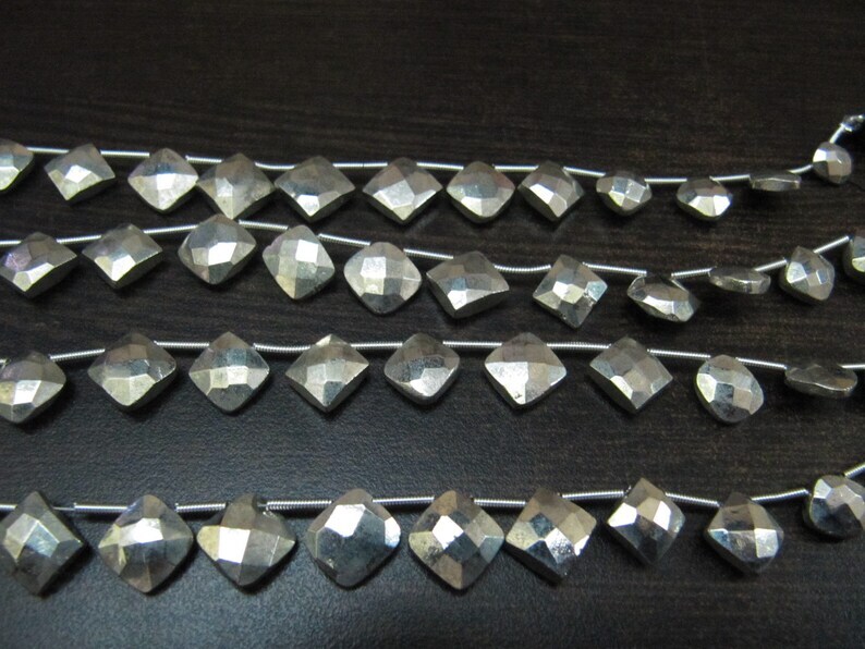 Natural Silver Pyrite Cushion Shape Briolette Faceted Beads 6 To 9mm
