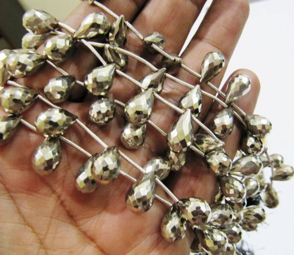 Natural Silver Coated Pyrite Drop Shape Briolette Beads 8x12mm to 8x14mm