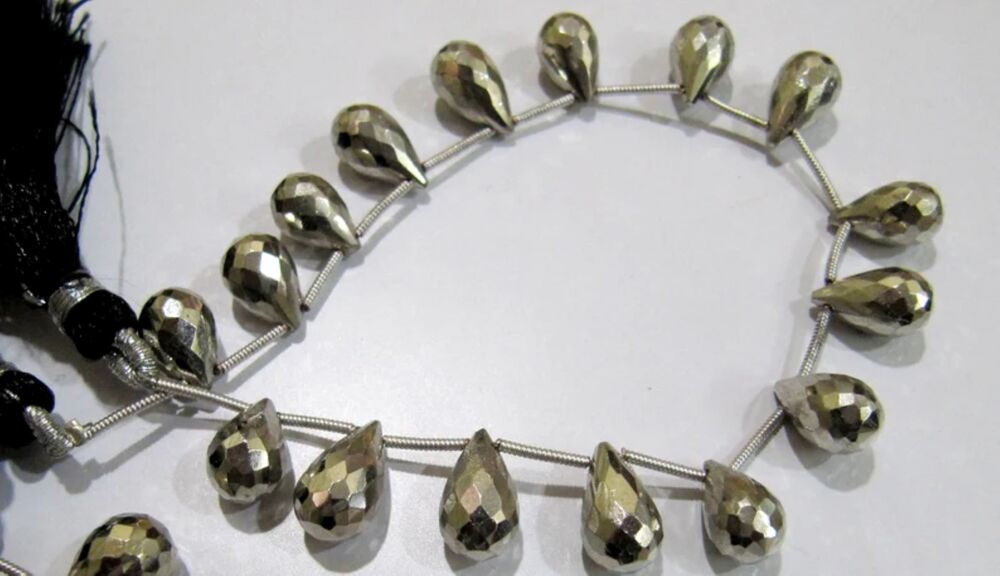 Natural Silver Coated Pyrite Drop Shape Briolette Beads 8x12mm to 8x14mm