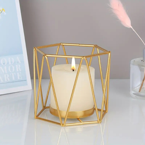 Golden Geometric Candle Holder - Handmade Iron Design with Polished Finish | Modern Arts Style, Intricate Geometric Elegance