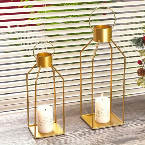 Geometric Design Golden Metal Candle Holder Set - Iron Material, Polished Finish | Modern Arts Style, Exquisite Indian Craftsmanship for Home Decoration