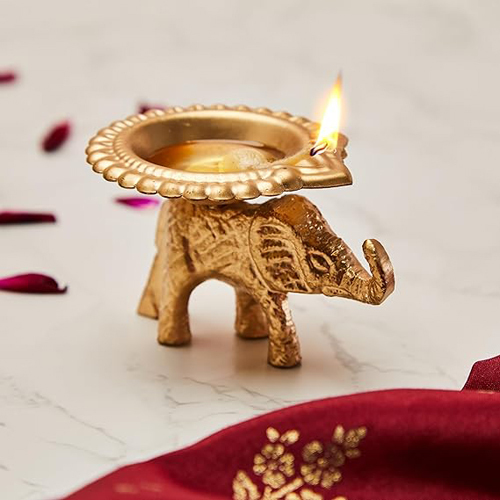 Decorative Handcrafted Metal Elephant Diya - Color: Different Available