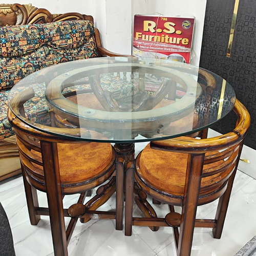 Glass Top Teak Wood Round Dining Set