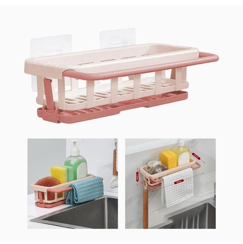 Kitchen And Bathroom Shelf - Plastic, 24x9x11 Inches | Two-tone Hanging Drain Rack With Retractable Design, Sponge Drain Tray, Efficient Drying Basket
