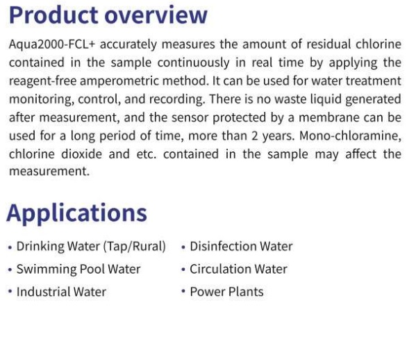 Online Free Residual Chlorine Analyzer (Aqua 2000 Fcl+) - Accuracy: -/+3.0% %