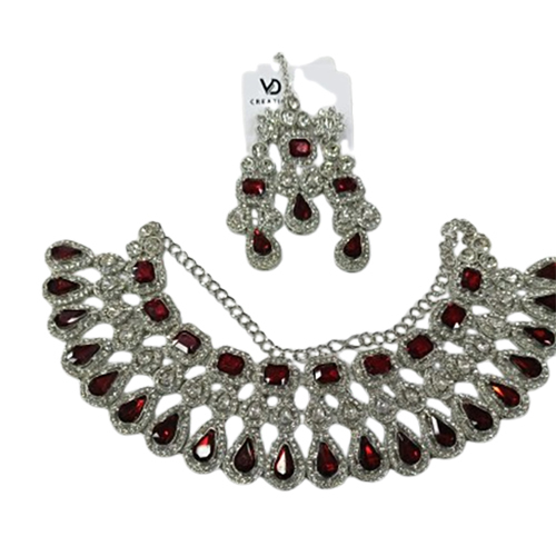 Rhodium Maroon Necklace Set