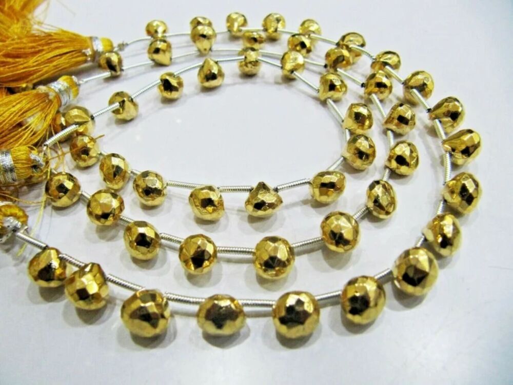 Natural Golden Pyrite Onion Shape Briolette Faceted Beads 6mm