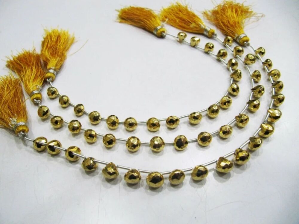 Natural Golden Pyrite Onion Shape Briolette Faceted Beads 6mm