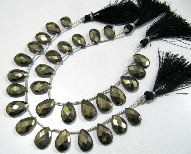 Natural Pyrite Pear Shape Faceted Briolette Beads Size 11x16mm Strand 8 Inches
