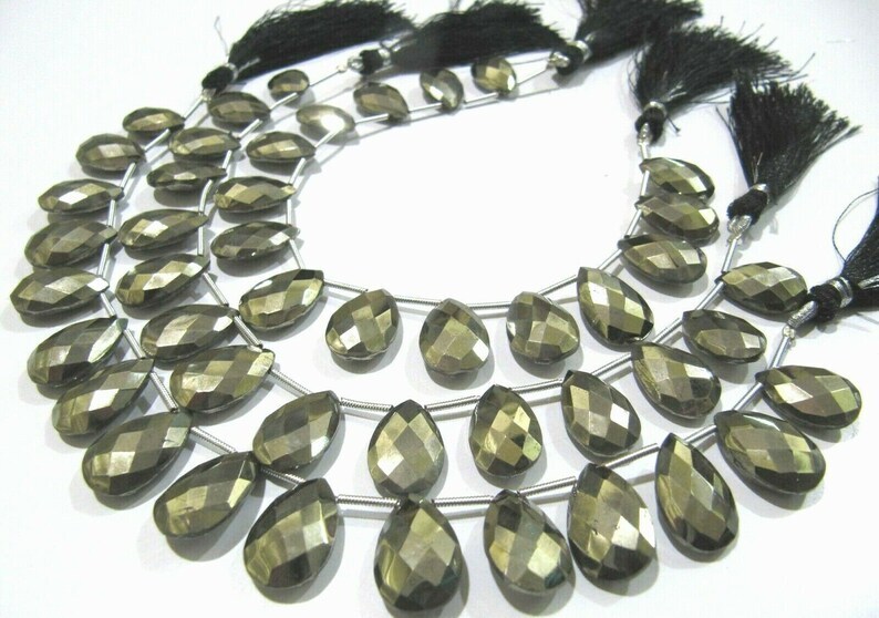 Natural Pyrite Pear Shape Faceted Briolette Beads Size 11x16mm Strand 8 Inches