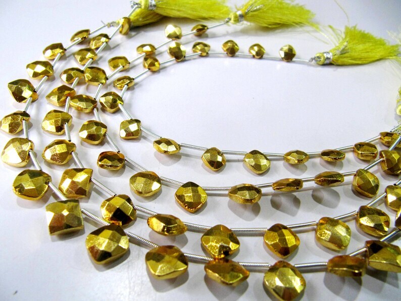 Natural Golden Pyrite Cushion Shape Briolette Faceted Beads 8to10mm