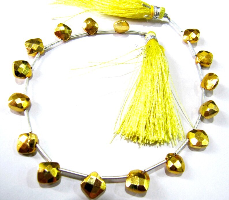 Natural Golden Pyrite Cushion Shape Briolette Faceted Beads 8to10mm