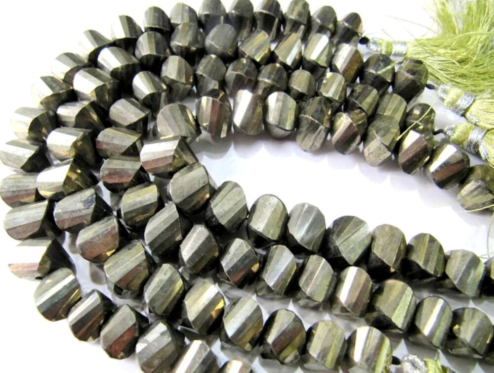 Natural Pyrite Rondelle Twisted Briolette Beads 10mm
