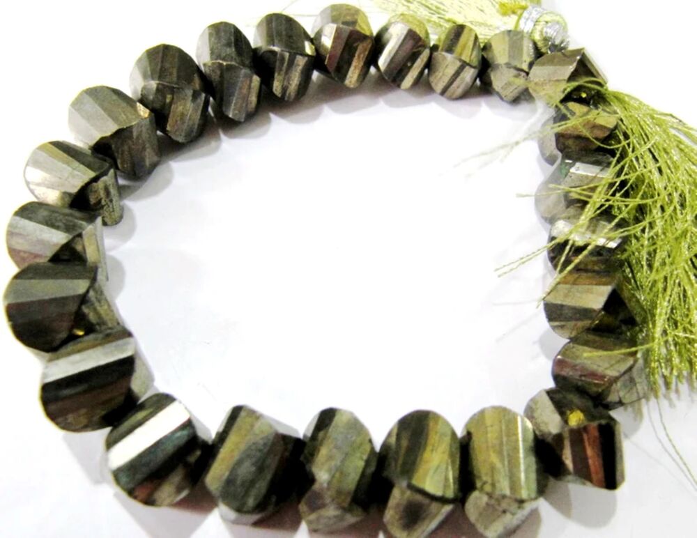Natural Pyrite Rondelle Twisted Briolette Beads 10mm
