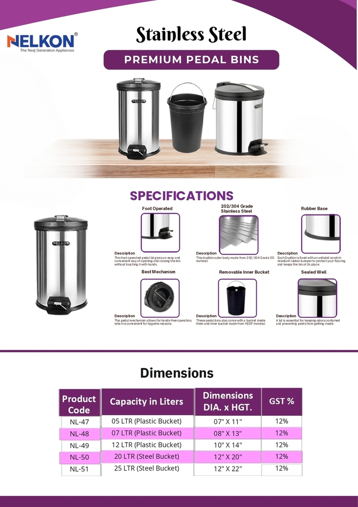 5l Premium Pedal Dustbin - Application: Commercial