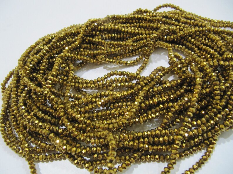 3 Strings - AAA Quality Crystal Glass Golden Pyrite Color Beads Rondelle Faceted Size 3mm