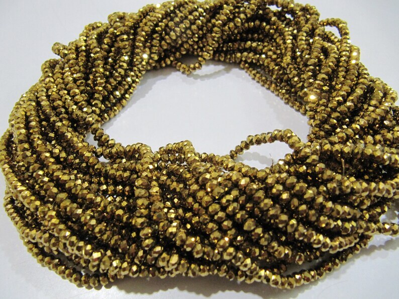 3 Strings - AAA Quality Crystal Glass Golden Pyrite Color Beads Rondelle Faceted Size 3mm