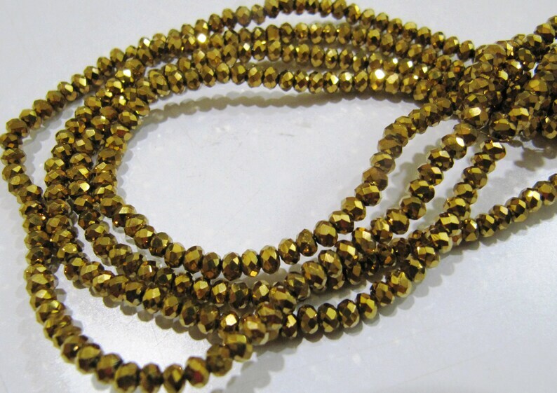 3 Strings - AAA Quality Crystal Glass Golden Pyrite Color Beads Rondelle Faceted Size 3mm