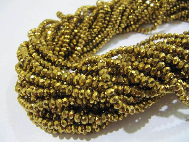 3 Strings - AAA Quality Crystal Glass Golden Pyrite Color Beads Rondelle Faceted Size 3mm