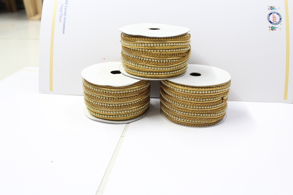 Zari Moti Lace - 1 Inch Width, Golden Color | Fancy Border Design With Moti Material, One-sided Style For Female Garment Applications