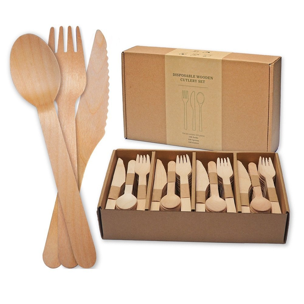 Disposable Wooden Cutlery Set - Color: White