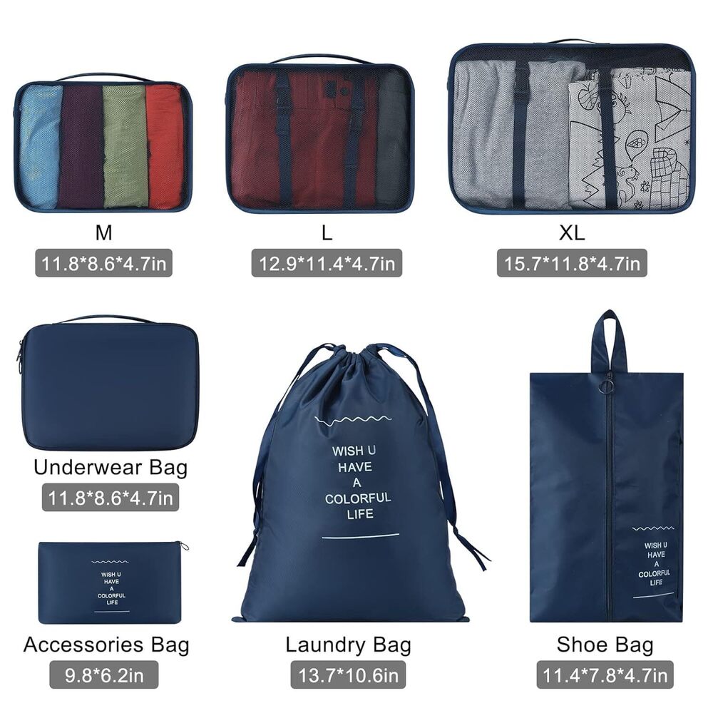 7 Pcs Travel Organizer Bags - Nylon, 32l X 2.8w X 19.2h Centimeters | Waterproof, Durable, 7-in-1 Set With Packing Cubes, Shoe Bag & Toiletry Bag