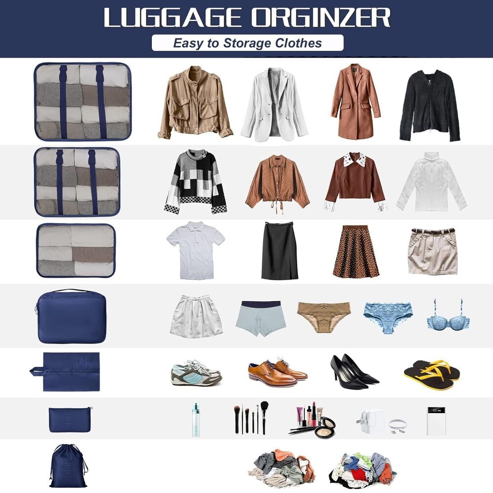 7 Pcs Travel Organizer Bags - Nylon, 32l X 2.8w X 19.2h Centimeters | Waterproof, Durable, 7-in-1 Set With Packing Cubes, Shoe Bag & Toiletry Bag