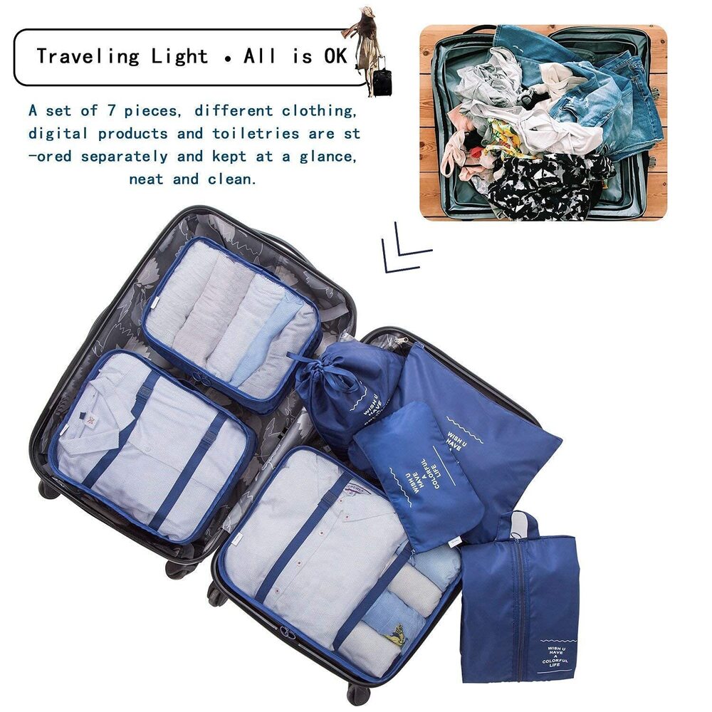 7 Pcs Travel Organizer Bags - Nylon, 32l X 2.8w X 19.2h Centimeters | Waterproof, Durable, 7-in-1 Set With Packing Cubes, Shoe Bag & Toiletry Bag