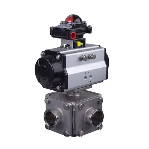 Stainless Steel 4 Way Pneumatic Ball Valve - Color: Silver