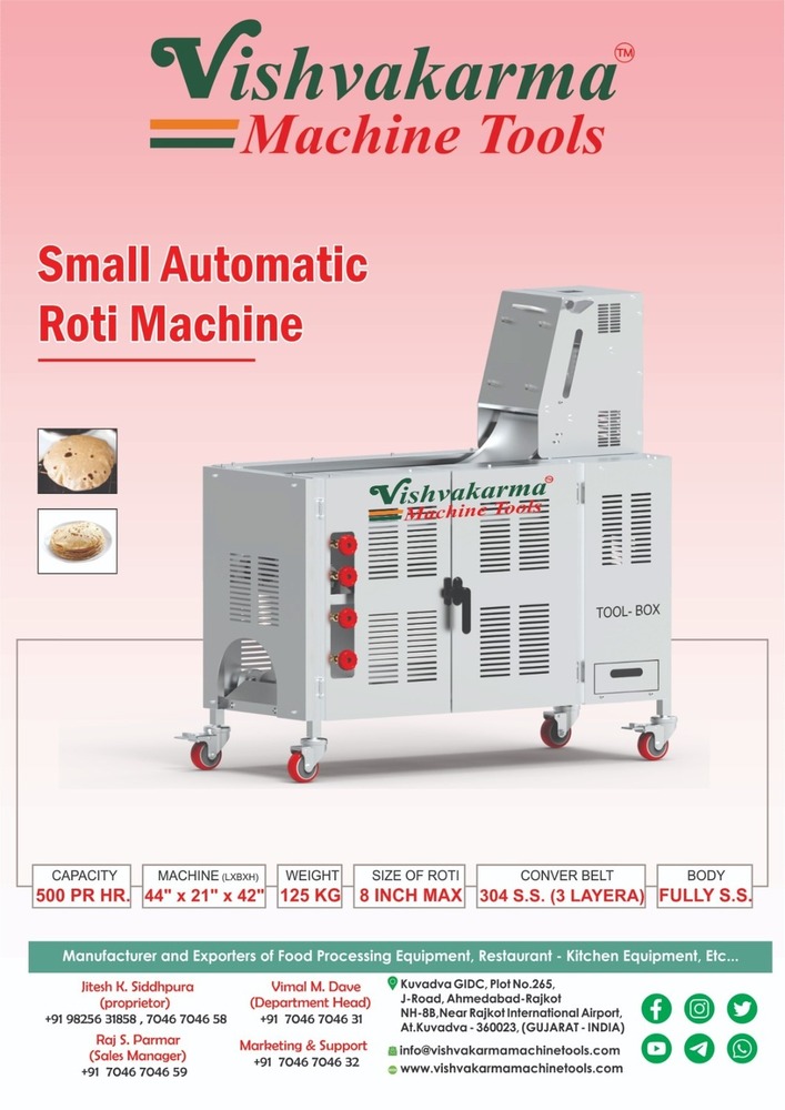 ROTI MAKER - Full Body Steel, 44" x 21" x 12", 500 Roti/hr Capacity, 8 Inch Size, 1.25 kg/hr Gas Consumption, 125 kg Weight | Ideal for Commercial Use in Restaurants and Cafeterias