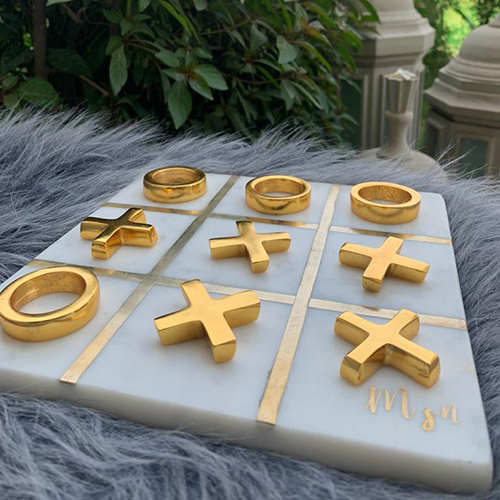 Marble Tic Tac Toe With Brass Cross And Circle - Color: Golden