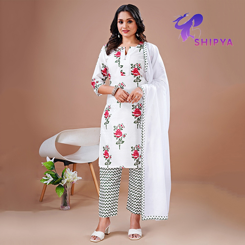 Women Printed Cotton Straight Kurta Pant Set With Dupatta