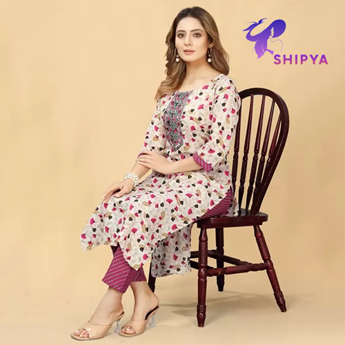 Women Three Quarter Sleeve Cotton Blend Kurta Pant Set - Color: Different Available