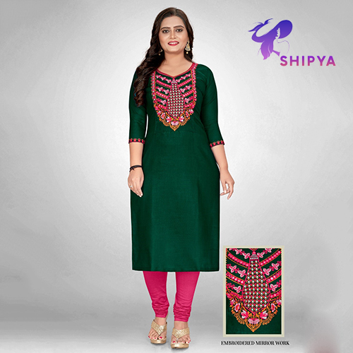 Women Three Quarter Sleeve Embroidered Cotton Blend A Line Kurta