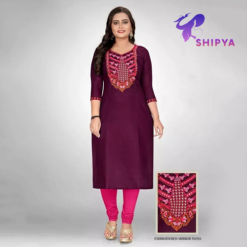 Women Three Quarter Sleeve Embroidered Cotton Blend A Line Kurta