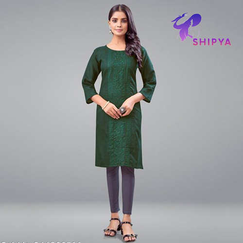 Fancy Three Quarter Sleeve Embroidered Cotton Blend Kurta - Color: Different Available