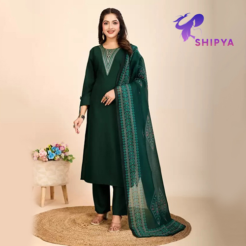 महिलाओं का कपास मिश्रण कुर्ता पैंट दुपट्टा सेट