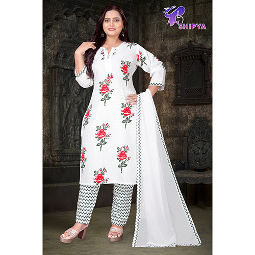 White Printed Cotton Straight Kurta Pant Set With Dupatta