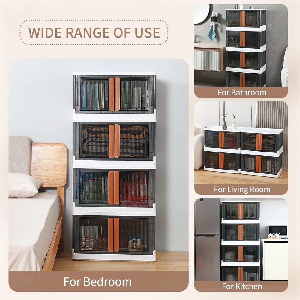 Foldable Storage Bin With Door Plastic Stackable Storage Box For Clothes, Toys, Books, Pantry