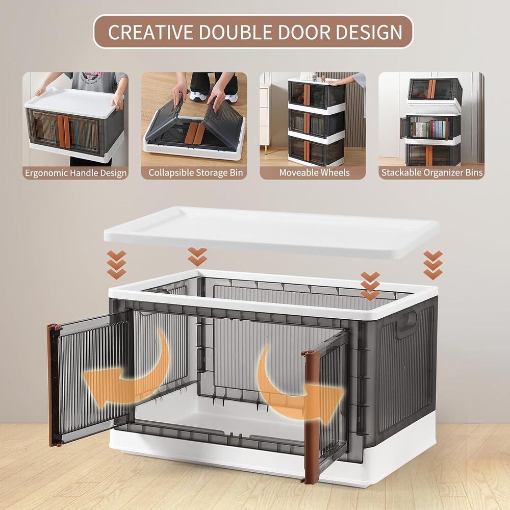 Foldable Storage Bin With Door Plastic Stackable Storage Box For Clothes, Toys, Books, Pantry