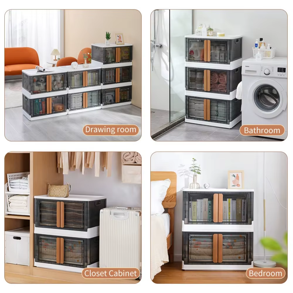 Foldable Storage Bin With Door Plastic Stackable Storage Box For Clothes, Toys, Books, Pantry